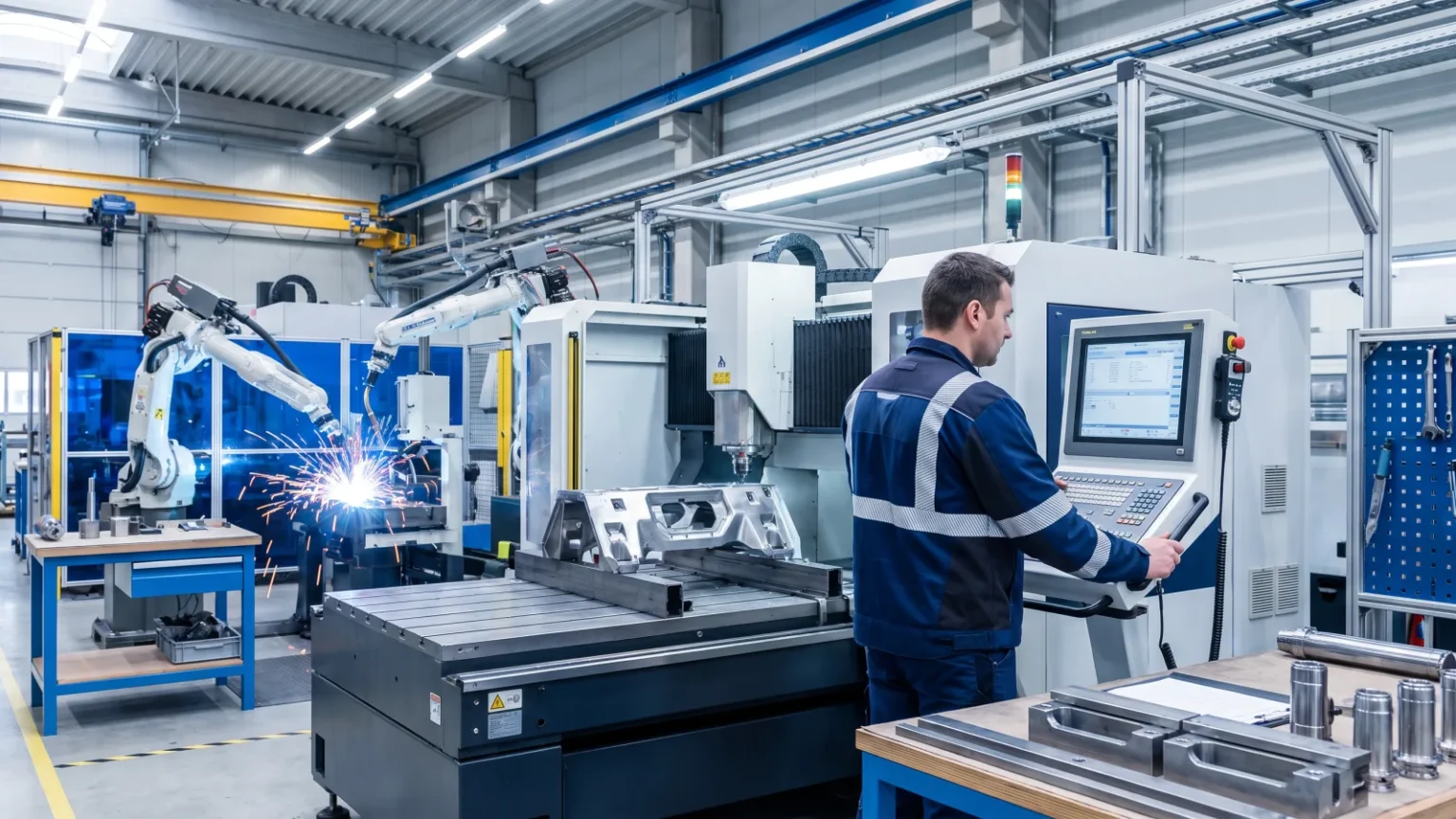 Facharbeiter überwacht präzise Metallbau Konstruktionen und den Einsatz von Schweißrobotern in einer modernen Fertigungshalle.