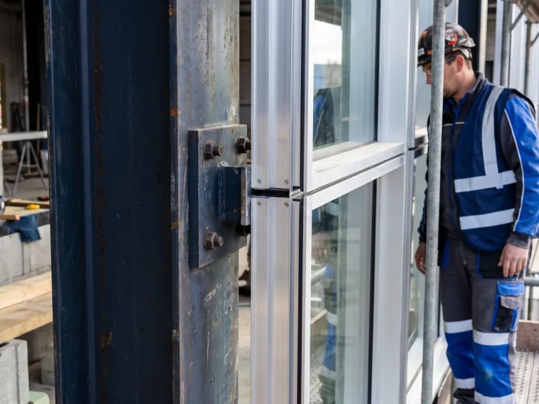 Unterschied zwischen Stahl- und Metallbau: Bauarbeiter begutachtet die Verbindung zwischen einem massiven Stahlträger und einem filigranen Metallfensterrahmen auf einer Baustelle.