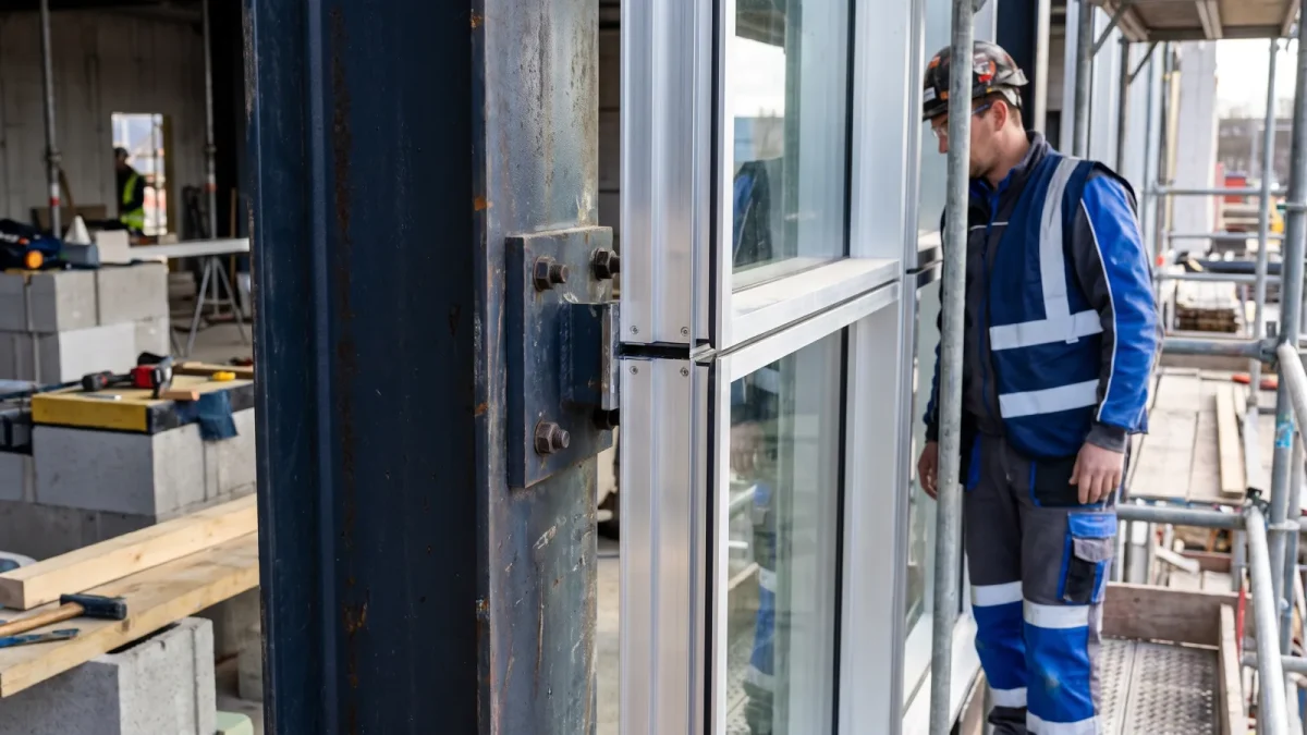 Unterschied zwischen Stahl- und Metallbau: Bauarbeiter begutachtet die Verbindung zwischen einem massiven Stahlträger und einem filigranen Metallfensterrahmen auf einer Baustelle.
