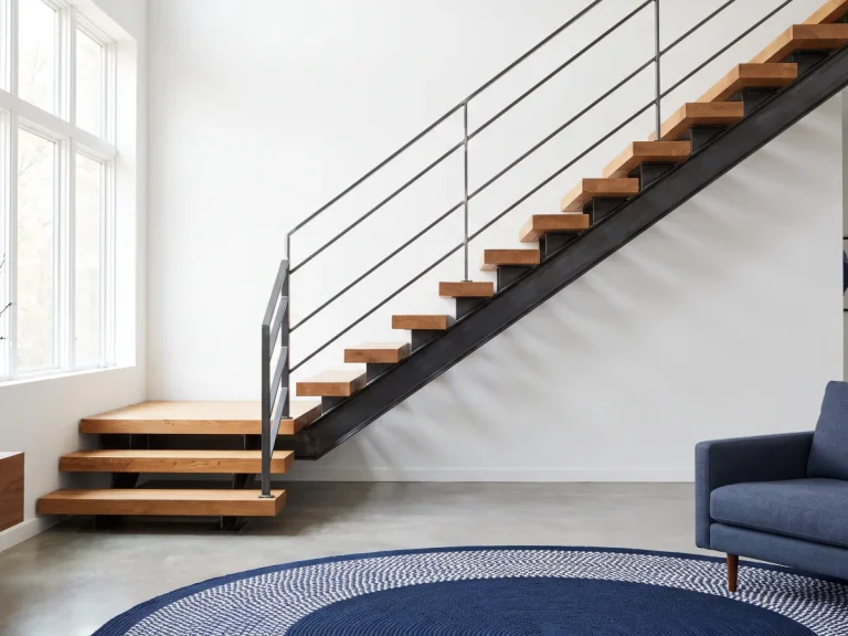 Moderne offene Treppe mit Holzstufen und einem schlanken Stahlgeländer in einem stilvollen Wohnzimmer.
