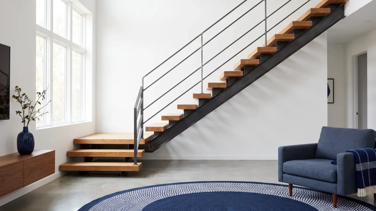 Moderne offene Treppe mit Holzstufen und einem schlanken Stahlgeländer in einem stilvollen Wohnzimmer.