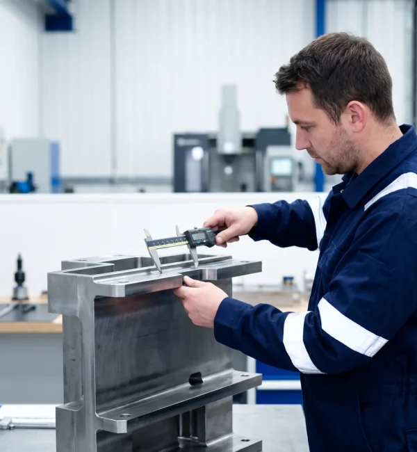 Ein Facharbeiter pr&uuml;ft pr&auml;zise die Qualit&auml;t eines gro&szlig;en Bauteils f&uuml;r Metallbau Konstruktionen.