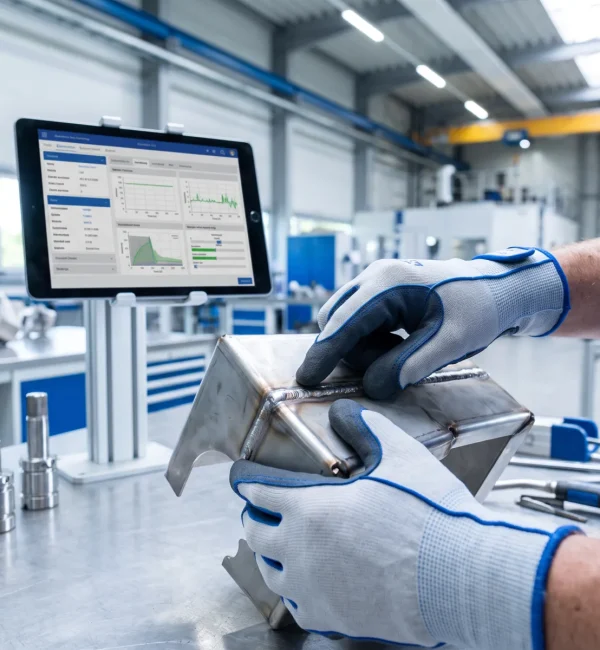 Pr&auml;zise Pr&uuml;fung einer geschwei&szlig;ten Metallkonstruktion in einer modernen Fabrik mit digitaler &Uuml;berwachung.