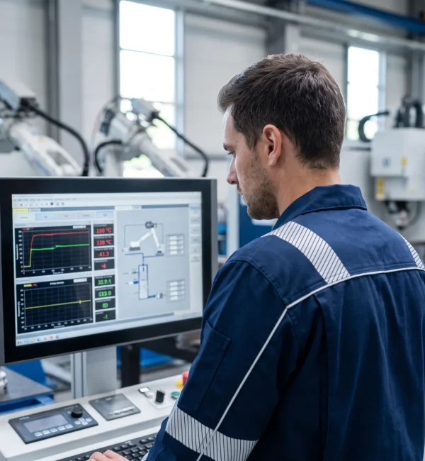 Ein Mitarbeiter in blauer Arbeitskleidung &uuml;berwacht an einem Computerbildschirm Produktionsdaten in einer modernen Fertigungshalle.