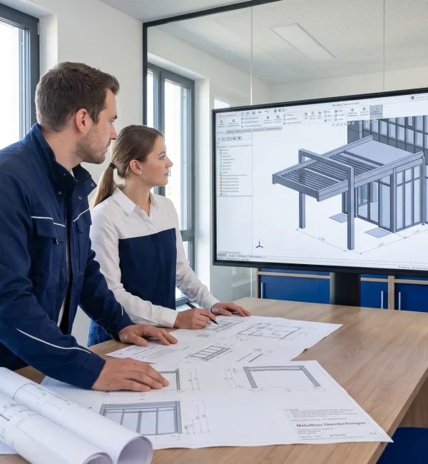 Zwei Fachleute besprechen im B&uuml;ro detaillierte Baupl&auml;ne und ein 3D-Modell f&uuml;r Metallbau &Uuml;berdachungen.