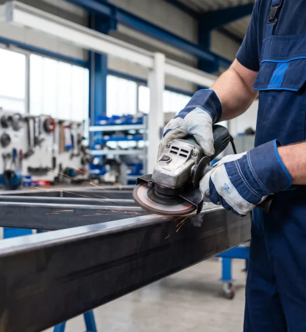 Ein Facharbeiter schleift pr&auml;zise eine Stahlkonstruktion f&uuml;r Metallbau &Uuml;berdachungen in einer modernen Werkstatt.