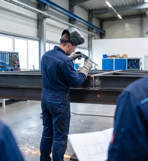 Ein Metallbauer schwei&szlig;t eine robuste Stahlkonstruktion f&uuml;r eine &Uuml;berdachung in einer modernen Werkstatt.
